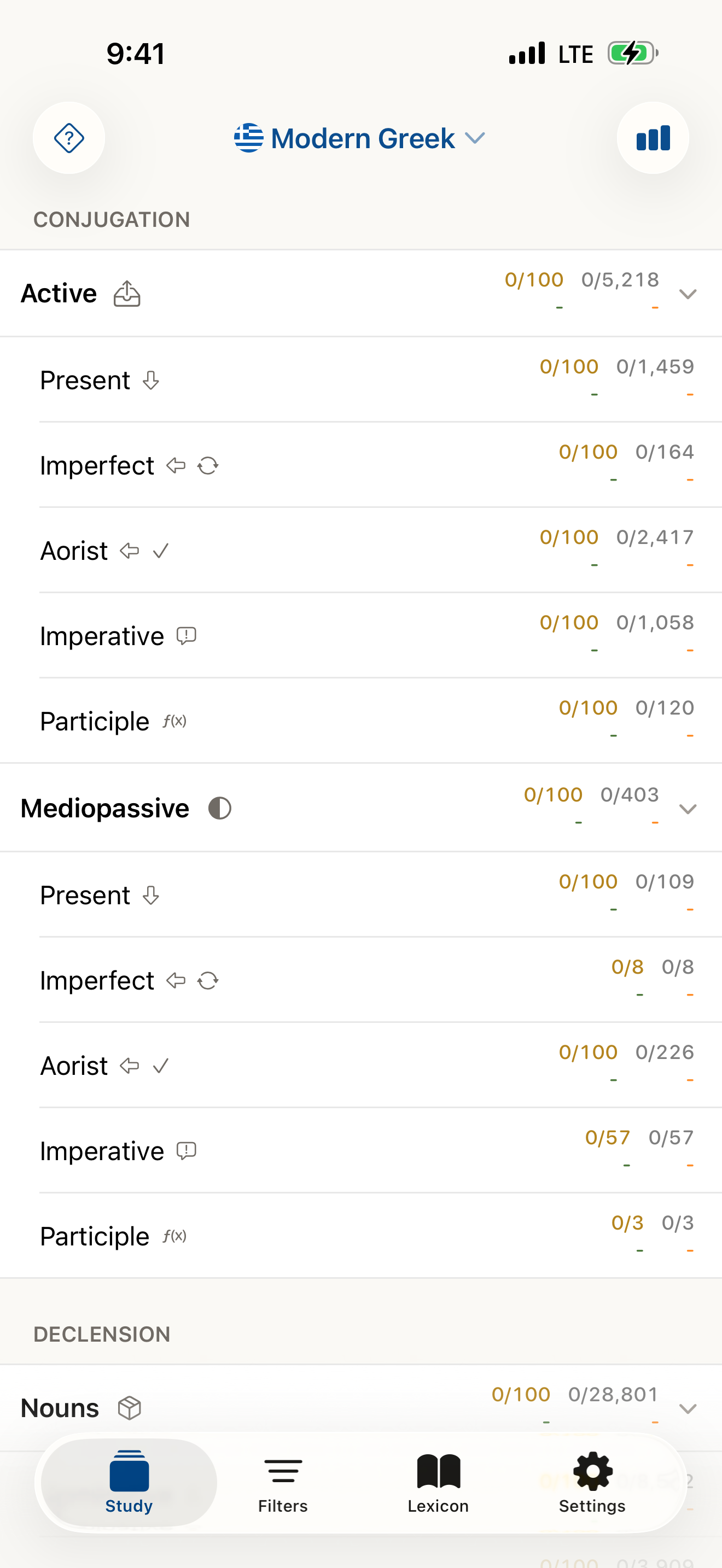 Deck picker with daily review counts